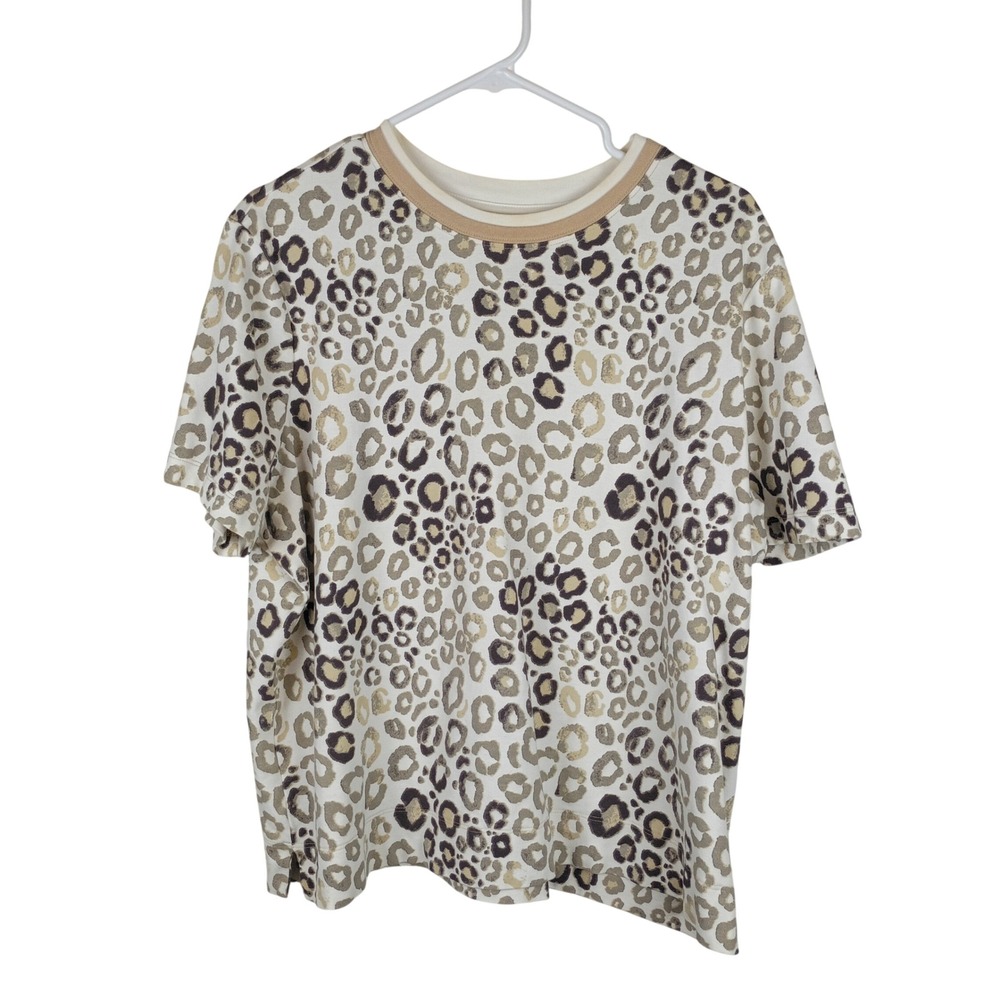 Westbound Woman Leopard Print Cotton T-Shirt Tan Brown 1X Short Sleeve Crew Neck